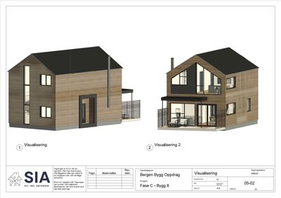 3D-visualiseringer av en bolig (fasade og snittvisning) med innredning.