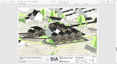Situasjonsplan (Ny situasjon 1) som viser etasjeplaner, terrengkonturer og omgivelsene for et boligprosjekt.