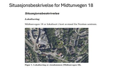 Satellittbilde (flyfoto) som viser eiendommen Midtunvegen 18 markert med en gul sirkel i forhold til omgivelsene.