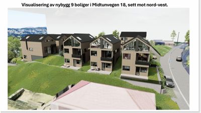 3D-visualisering av et nytt boligbygg (9 boliger) i Midtunvegen 18, sett mot nord-vest.