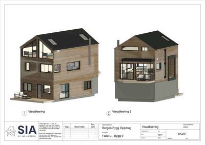 3D-visualisering av to fasader (Visualisering og Visualisering 2) for et hus i et byggeprosjekt.