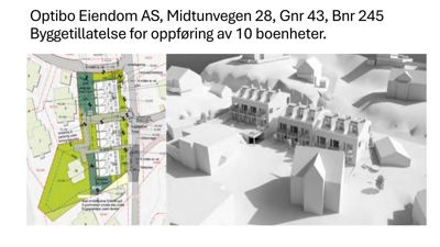 Bildet viser en 3D-visualisering (rendering) av et boligprosjekt med tilhørende situasjonsplan. Teksten bekrefter at det er en byggetillatelse for 10 boenheter.