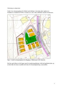 Situasjonsplan som viser plassering av nye bygg (Bldg 1-9) i forhold til eksisterende infrastruktur, veier og topografi.