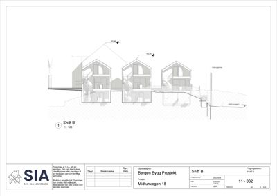 Snittegning (Snitt B) som viser tverrsnittet av tre hus på en tomt med høydemål og nabohus.