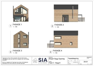 Fasadetegning som viser fire ulike vinkler (FASADE 1-4) på en bygning med mål 1:100.