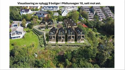 3D-visualisering (rendering) av et nybygg med 9 boliger sett fra luften.