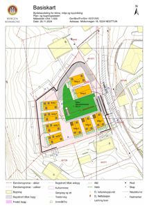 Basiskart som viser eiendomsgrenser, bygninger, tomteareal og infrastruktur for et boligprosjekt i NESTTUN.