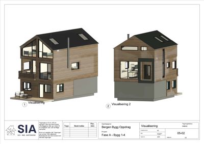 3D-visualisering av en bolig (Fase A - Bygg 1-4) med to perspektiver: et snitt som viser innvendig romfordeling og fasade med materialvalg.