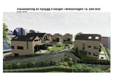 3D-visualisering av et nybygg med 9 boliger sett mot sør-øst.