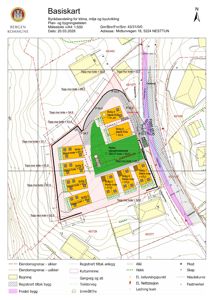 Basiskart (situasjonsplan) som viser eiendomsgrenser, eksisterende og planlagt bebyggelse, høydemålinger og infrastruktur.