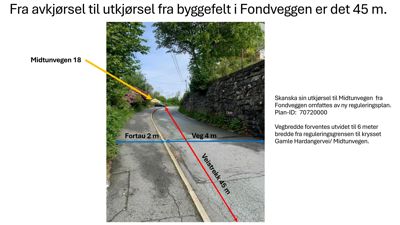 Fotografi av en vei med overlagte målinger og tekst som forklarer avkjørsel og vegbredde.