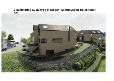 3D-visualisering av et nytt boligprosjekt (9 boliger) sett fra sør.