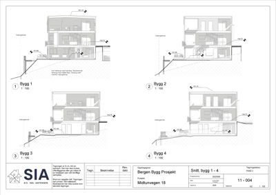 Snittegning som viser tverrsnittet av fire ulike bygg (Bygg 1-4) med høydemål og fasadebeskrivelser.