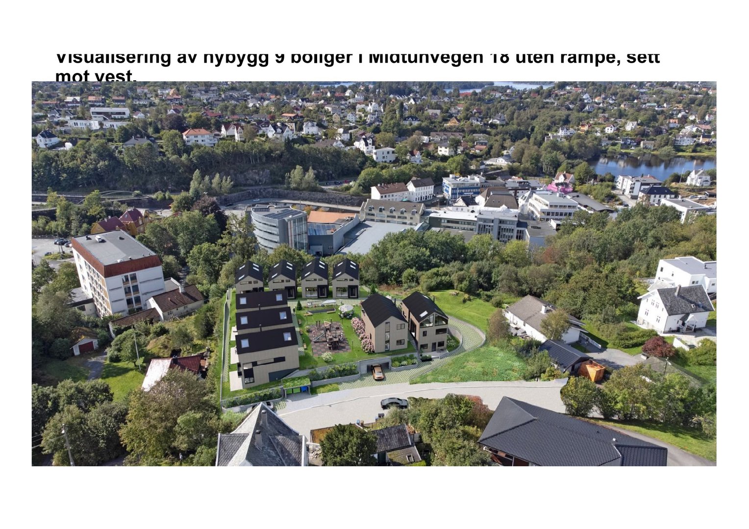 3D-visualisering (rendering) av et nybygg med 9 boliger i Midtunvegen 18, sett mot vest.