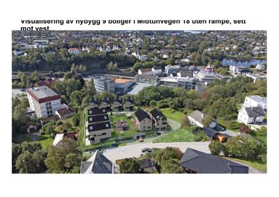 3D-visualisering (rendering) av et nybygg med 9 boliger i Midtunvegen 18, sett mot vest.