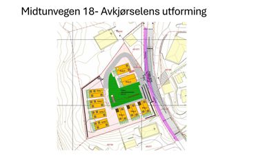 Situasjonsplan som viser tomtens beliggenhet, topografi (konturlinjer), nabobebyggelse og en planlagt avkjørsel.