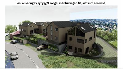 3D-visualisering av et nybygg med 9 boliger i Midtunvegen 18, sett mot sør-vest.