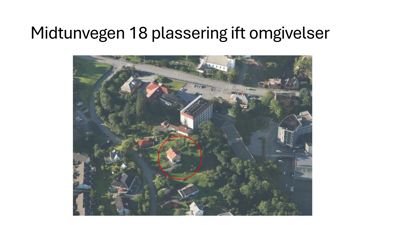 Luftfoto (flyfoto) av et område med bygninger og vegetasjon, der en spesifikk bygning er markert med en rød sirkel. Teksten over bildet indikerer at det er en plassering i forhold til omgivelser.