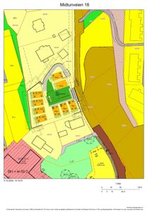 Situasjonsplan for Midtunveien 18 som viser tomt, bygninger, vegger og arealbruk.
