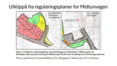 Kartutsnitt fra reguleringsplaner som viser tomtedeling og arealbruk for Midtunvegen.