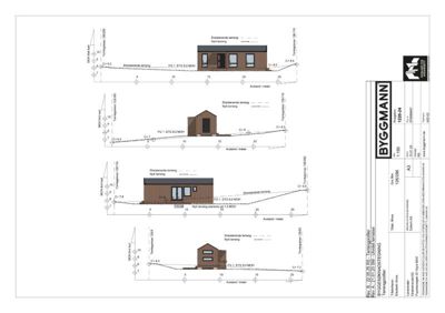 Tegning som viser tverrsnitt (snitt) av en bygning sett fra siden, med oppgitt høyder og terrengforhold.