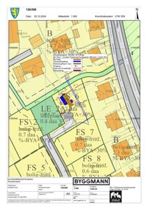 Situasjonsplan som viser tomtedeling, arealer, byggegrenser og plassering av eiendommer i forhold til hverandre og infrastruktur.