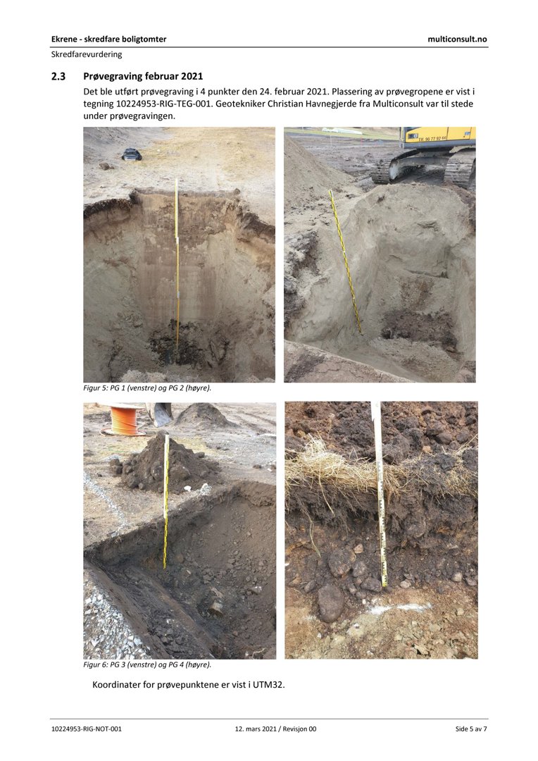 Fotografier av prøvegravinger (PG 1-4) med målestokk og markører på stedet.