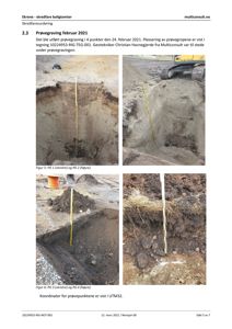 Fotografier av prøvegravinger (PG 1-4) med målestokk og markører på stedet.