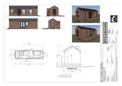 Fasadetegning med oppriss av bygning sett utenfra, inkludert snitt og 3D-visualiseringer