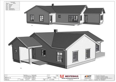 3D-visualisering av en bolig med to perspektiv (P1 og P2) som viser fasade og tak.