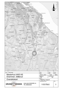 Oversiktskart som viser et geografisk område med topografi, veier og bydelser, med en sirkel som markerer en spesifikk lokasjon.