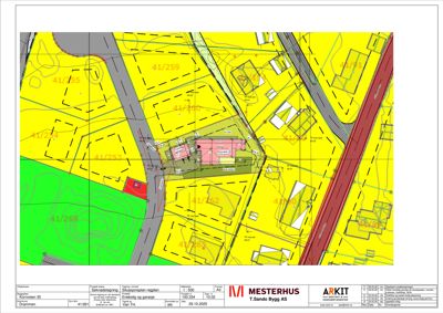 Situasjonsplan som viser tomtens beliggenhet i forhold til nabolag, vegger og eiendomsgrenser.