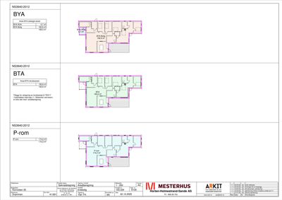 Bildet viser etasjeplaner (romfordeling) for tre ulike rom: BYA, BTA og P-rom, med angitte areal og romoppsett.