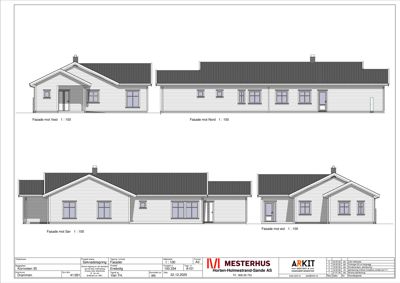Fasadetegning som viser bygningens utseende fra fire sider (Vest, Nord, Sør, Øst) med målstokk 1:100.