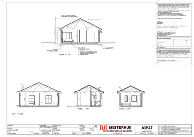 Fasadetegning med tre utsnitt (Snitt B, C, D) av en bolig, inkludert mål og konstruksjonsdetaljer.