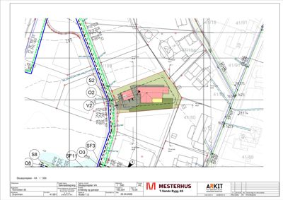 Situasjonsplan som viser bygningens plassering i forhold til nabolag, veggrenser og eiendomsgrenser.