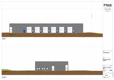 Fasadetegning (opprikk) av et lagerbygg sett fra nordvest, som viser fasadeforhold og grunnplan.