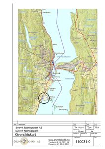 Et oversiktskart som viser Svelvik Næringspark sitt beliggenhet i forhold til omgivelsene, inkludert Ebbestadvannet og Dramstadbukta.