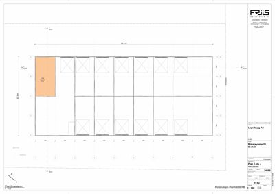 Etasjeplan (Plan 2.etg) for et lagerbygg som viser romfordeling, vegger og dimensjoner.