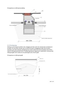 Prinsipp-skisse som viser detaljert konstruksjon av en infiltrasjonsandfang og infiltrasjonsgrøft, inkludert dimensjoner og materialer.