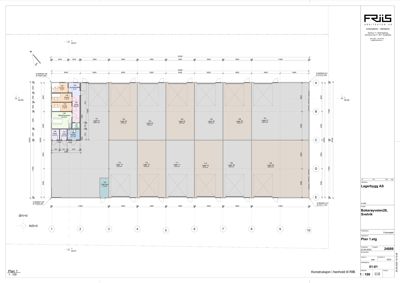 Etasjeplan (Plan 1.etg) for et lagerbygg som viser romfordeling, dimensjoner og arealoppdelinger.