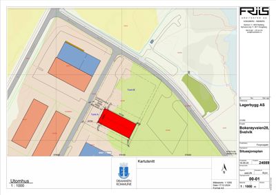 Situasjonsplan som viser tomtens plassering i forhold til nabolag, veier og andre bygninger.