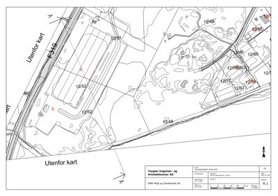 Situasjonsplan som viser tomtens beliggenhet i forhold til Fv349, naboeiendommer (12/48, 12/51, 12/52 osv.), topografi (konturlinjer) og eksisterende bygg.
