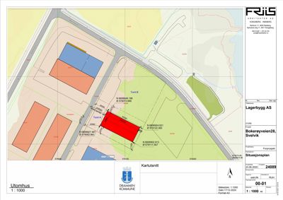 Situasjonsplan som viser tomt, nabobebyggninger og veier.