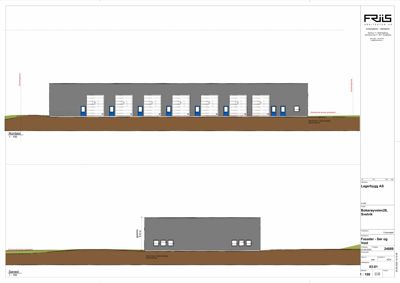 Fasadetegning som viser bygningens utseende fra to sider (vest og sør).