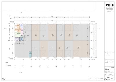 Etasjeplan (Plan 1.etg) for et lagerbygg som viser romfordeling, dimensjoner og orientering.