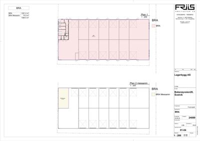 Plantegning som viser romfordeling og arealoppdeling for et lagerbygg (Plan 1 og Plan 2 messanin).