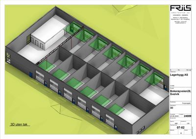 3D-visualisering (aksometri) av et lagerbygg med romoppdeling og garasjeporter.