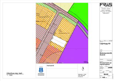Situasjonsplan på reguleringskart som viser tomtens beliggenhet i forhold til naboeiendommer og infrastruktur.