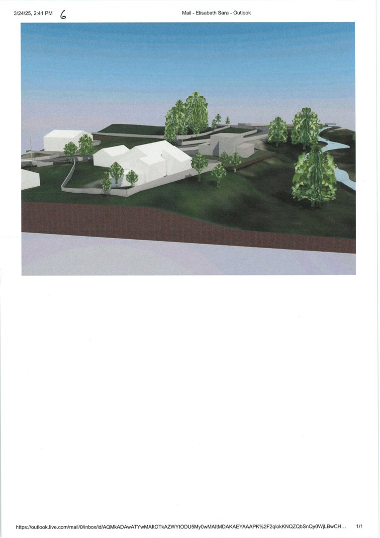 3D-visualisering av et boligfelt med flere hus, trær og terrengformet i et landskap.